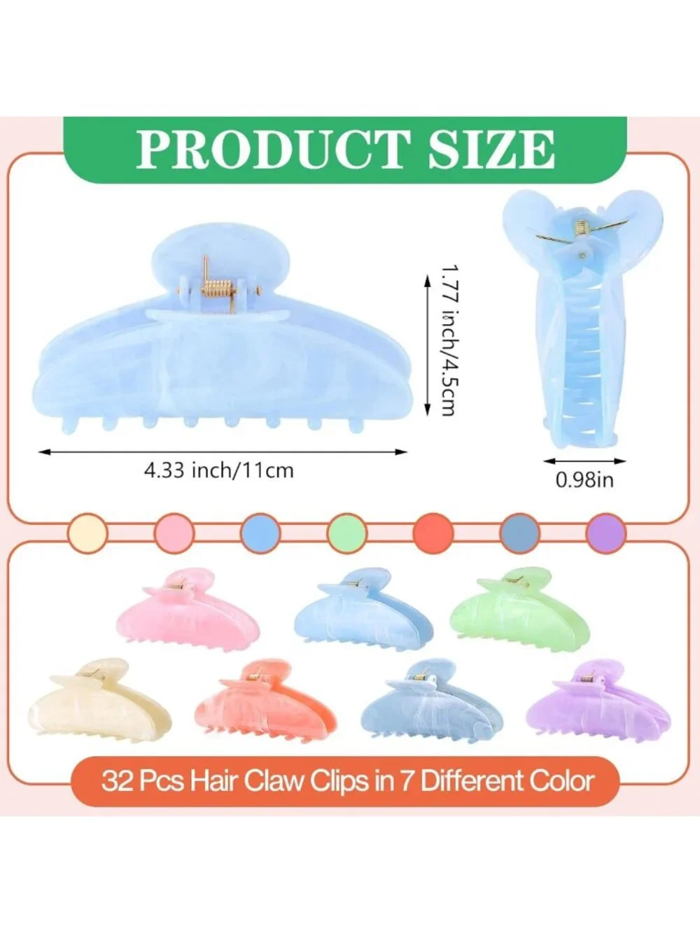 32 Pcs Large Non-Slip Acrylic Hair Claw Clips - Cute Pastel Barrettes for Women